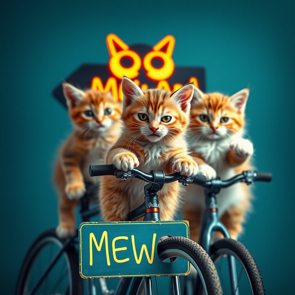 3 very angry cycling kittens with the sign meowland