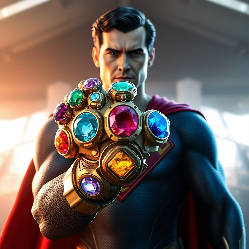 Superman wears the infinity gauntlet with 5 infinity stones. Cinematic Real3d photo-realistic quality.