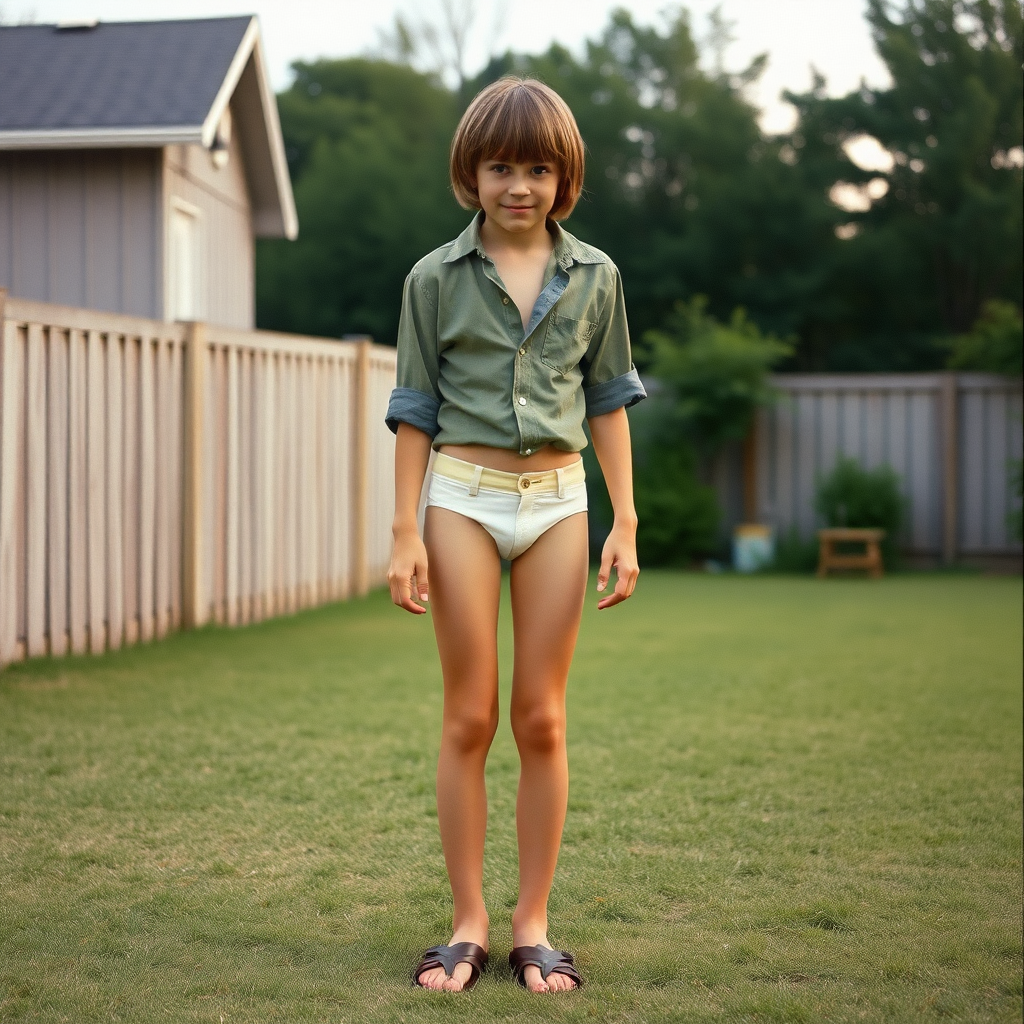 tall 14yo teen boy, long hair bob cut, wearing shirt and very tight booty shorts, long legs, narrow thighs, full-length front view. 1970s. Playing at backyard. photorealistic, ultra high resolution, 16K, Negative: grainy, blurry, bad anatomy, extra limbs, watermark.