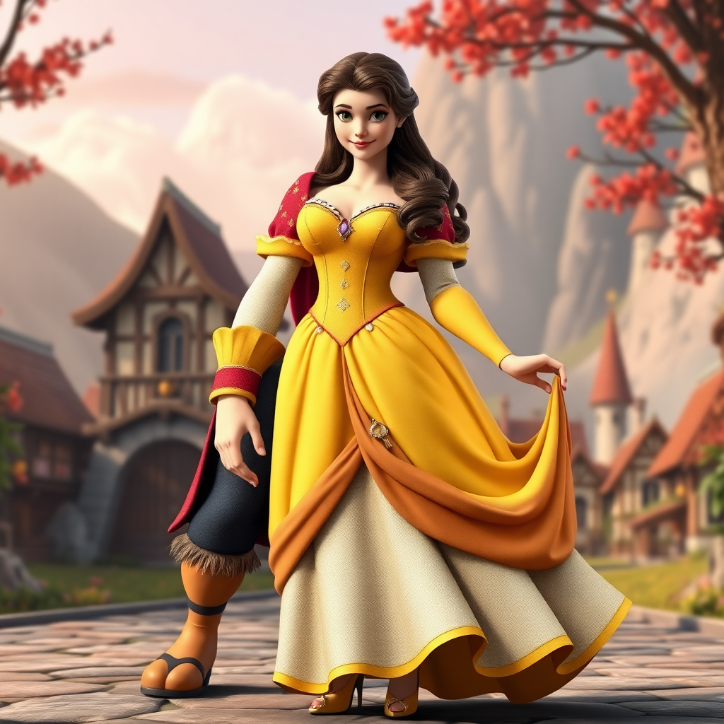 Generate a full-length rendered image featuring Belle using Gaston’s male body. Retain Belle’s head, hairstyle, and facial features. Adapt her costume by incorporating embellishments from Gaston’s attire, adjusting it to fit the new proportions. Design a background inspired by both characters, merging elements from the charming village and the rugged wilderness. Ensure the overall composition showcases a seamless blend of femininity and masculinity, while reflecting the essence of the original characters.