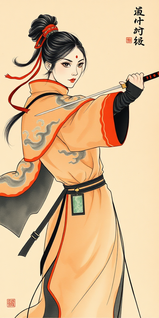 A Chinese woman, Ming Dynasty, secret service agent, Brocade-clad Guard, Imperial Guard, wearing traditional cape cloak behind, auspicious clouds pattern on the cape, with stand up collar, red hair ribbon, red bindi on the forehead, performing sword launcher skill, uppercut slash, fighting, ink wash painting, sumi-e, rectangle jade waist pendant worn at the waist, background in parchment paper,