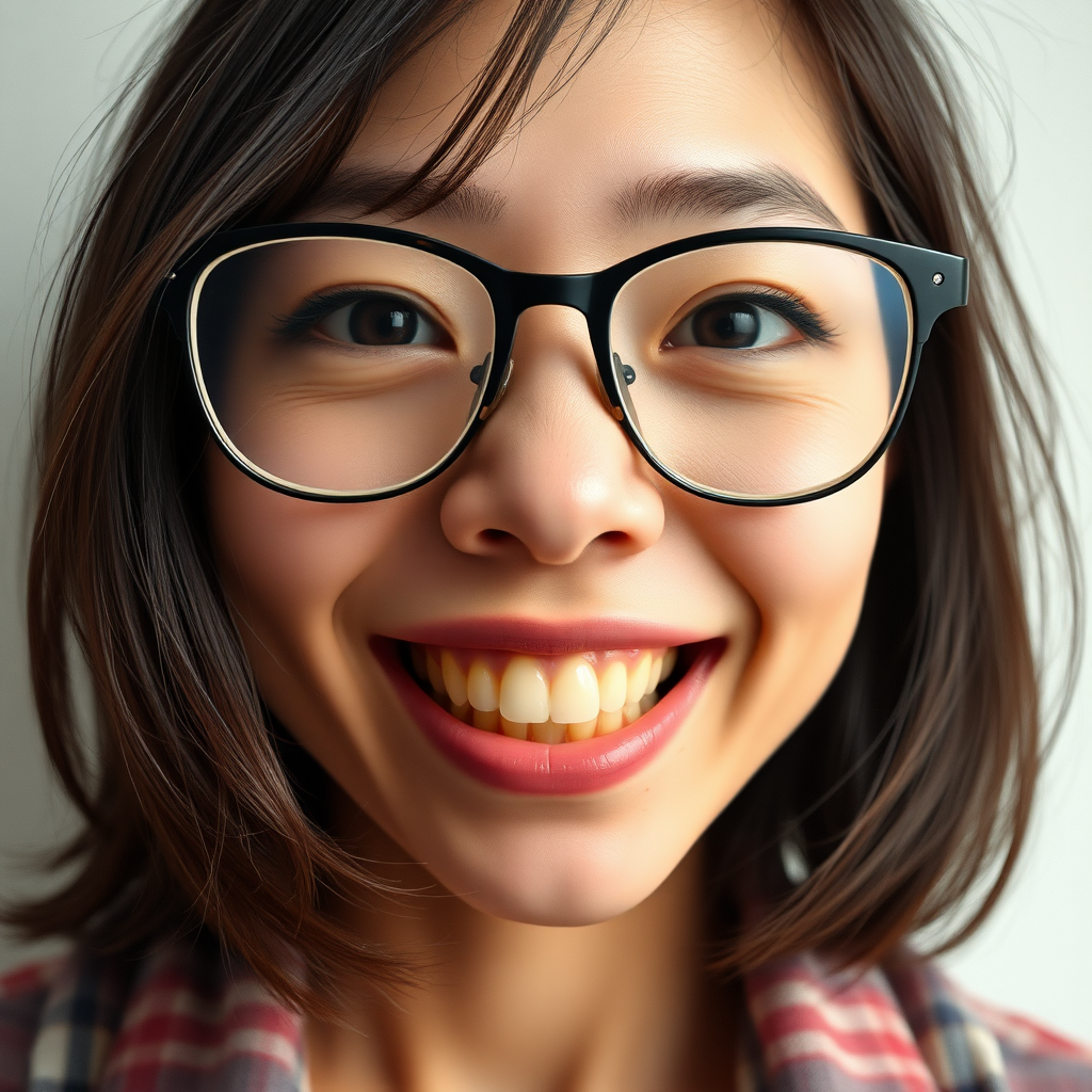 japanese nerdy skinny adult woman with big nose, big mouth, big yellowish teeth, moles, big eyeglasses and medium hair