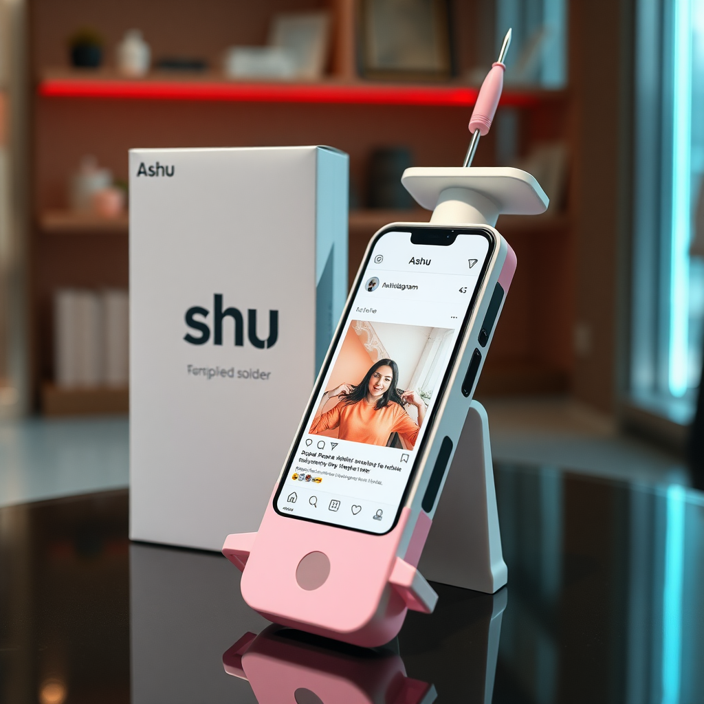 A close-up straight front view of a mobile phone in the shape inspired by a syringe, white pink futuristic, kept for sale leaning to a box with text Ashu and minimal design, in a showroom, touchscreen phone with Instagram page open on screen, needle on top, whitepunk.