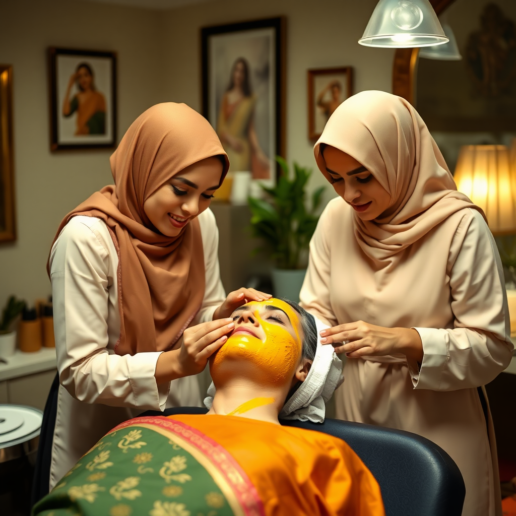 2 French maids with hijab, working in a beauty parlour, giving a turmeric facial to a wealthy Indian wife.