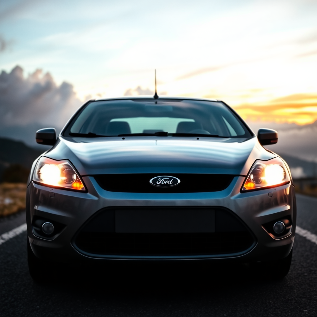 A FORD FOCUS SEDAN YEAR 2008 METALLIC GRAY FACELIFT WITH THE HEADLIGHTS ON SEEN FROM THE FRONT ON A MOUNTAIN ROAD AT SUNSET WRAPPED IN MULTICOLORED CLOUDS OF SMOKE