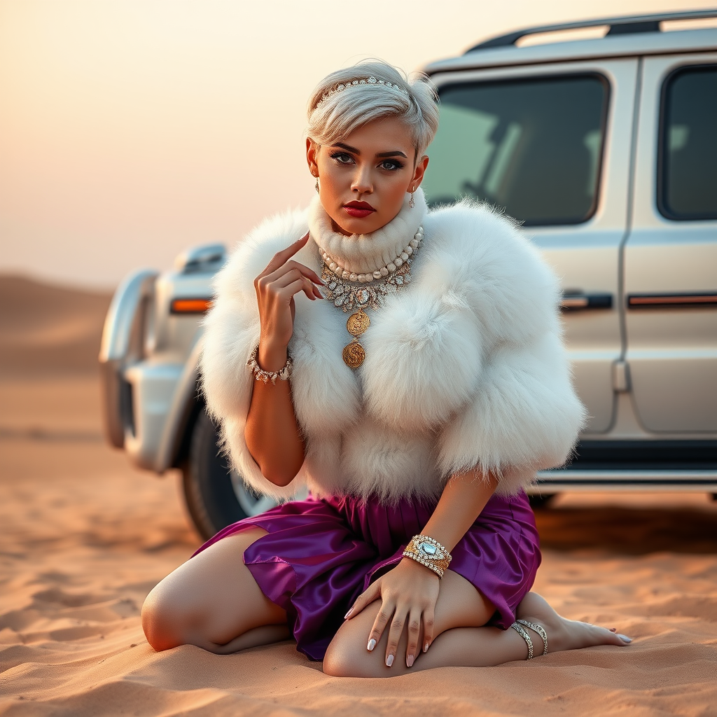 Kuwait desert dunes misty dawn, full size luxury SUV: Melissa, European 17 years old very convincing femboy “trophy-bimbo”, tamed servile docile, very beautiful feminine flawless face, rather short, by hormones very curvaceous womanly figured, platinum blond short tight curls, bold red lips, long white French nails, heavily made-up face, wearing Supertanya-style fluffy very fuzzy bright white angora turtleneck-poncho cropped ending under bust decorated with pearls and glass stones, very tight purple vinyl mini pleated skirt, white pearl belly piercing, full Oriental bridal jewelry including headpiece, coin wristlets, coin anklets, striking diamond “$$$” letter brooch on left chest, pout frustrated, kneeling in sand in front of SUV, looking at camera. Focus on face and turtleneck-poncho.