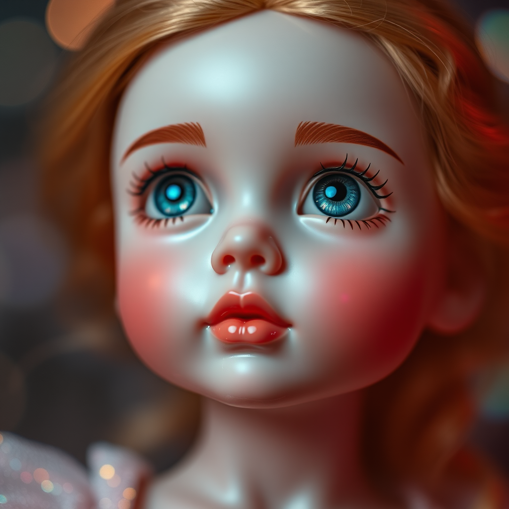 preteen artists doll, porcelain doll, looking up dreaming, Bokeh, abstract, brilliant colors, glittering, translucent, mother of pearl, opal, iridescent, natural skin, glowing, artistic photo