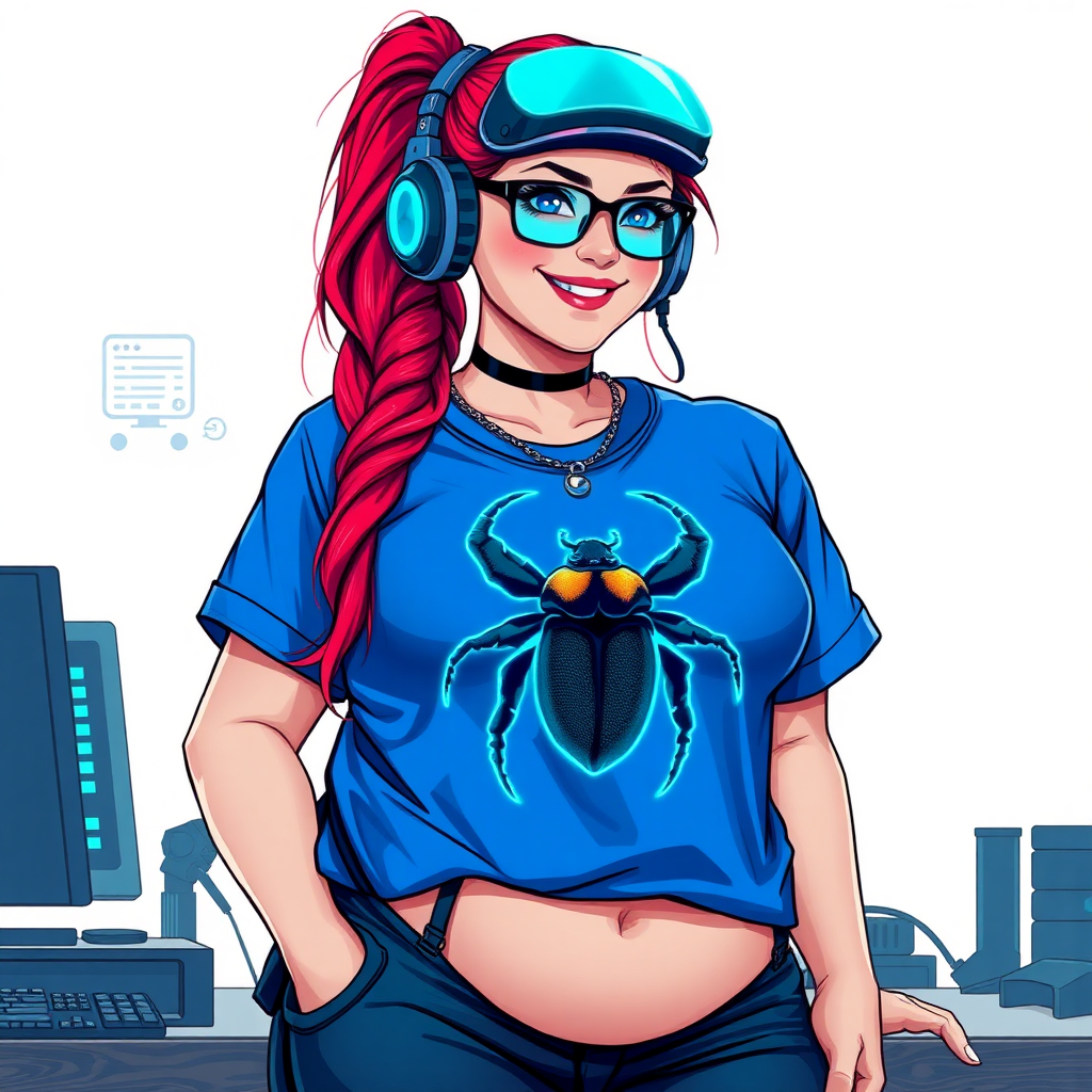 A cyberpunk vigilante’s full-figured intelligent and tech-savvy 29-year-old girlfriend, who is a computer hacker and tech genius. She has a long ruby red ponytail and bright blue eyes. She wears a sapphire beetle gemstone necklace, and an oversized maximum blue t-shirt featuring a giant neon blue glowing icon of a beetle on its chest. She has a full-figured physique with a prominent, gargantuan, round midsection, reflecting her well-cared-for lifestyle. The midsection is heavily emphasized. She sports a sapphire headset with hi-tech maximum turquoise lensed HUD visor, black eyeglasses, and a beaming smile with a passionate bright red blush. Despite her figure and a lack of self-esteem, she radiates an air of beauty. She has a slim face which contributes to her radiant beauty. She serves as his tech expert from his hideout, dutifully working at her workshop computer desk and tool bench. The background is solid white. She is drawn as if she was in a retro 2D cyberpunk fighting game. Make sure her shirt covers her round midsection.