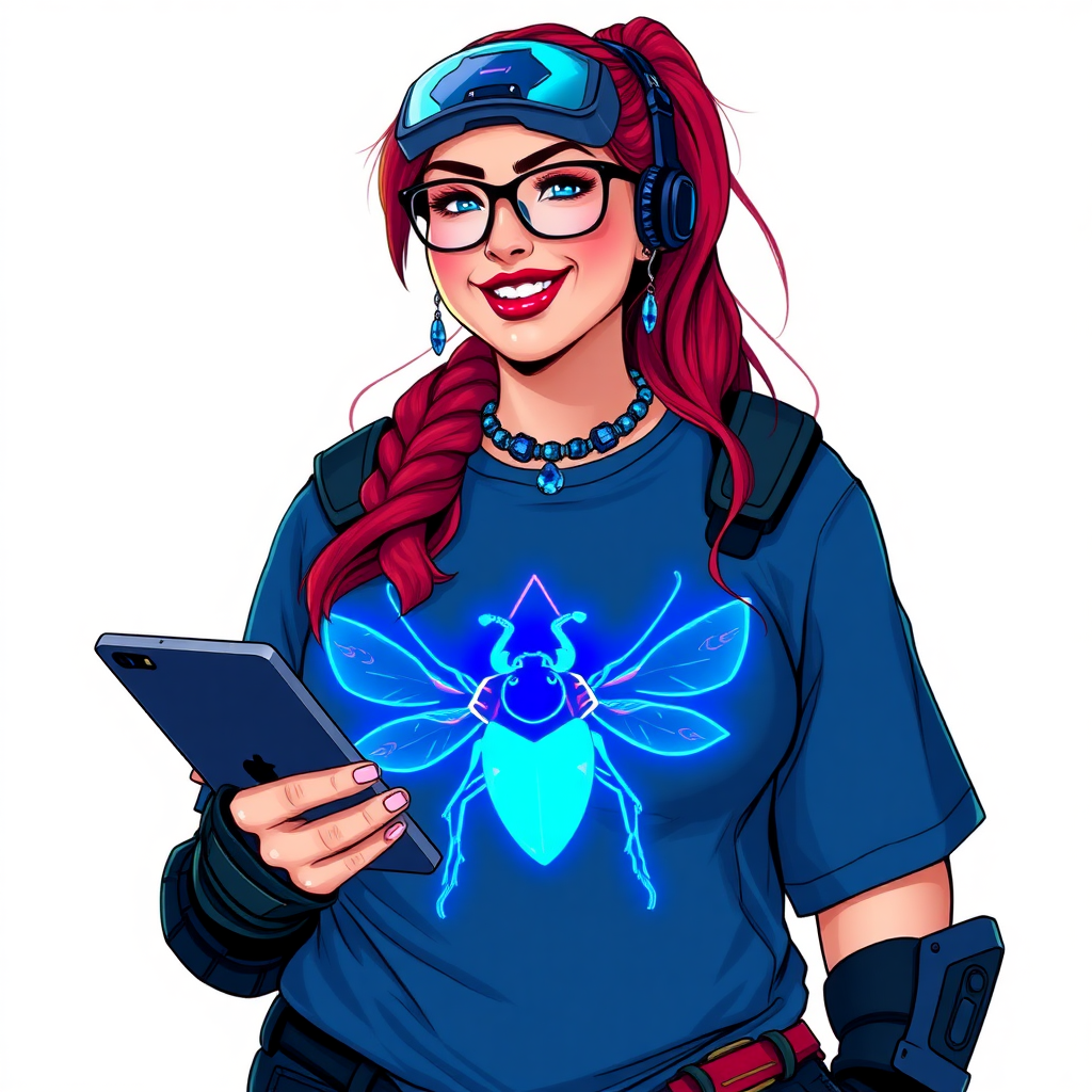 A cyberpunk vigilante’s full-figured intelligent and tech-savvy 29-year-old girlfriend, who is a computer hacker and tech genius. She has a long ruby red ponytail and bright blue eyes. She wears a sapphire beetle gemstone necklace, and an armored, oversized, Maximum Blue (RGB 71, 171, 204) t-shirt featuring a giant neon blue glowing chest icon of a winged beetle. She has a full-figured physique with a prominent large round midsection, reflecting her well-cared-for lifestyle. The midsection is heavily emphasized. She sports a sapphire headset with hi-tech Maximum Blue (RGB 71, 171, 204) lensed HUD visor, Maximum Blue (RGB 71, 171, 204) lipstick, black eyeglasses, and a beaming smile with a passionate bright red blush. Despite her figure and a lack of self-esteem, she radiates an air of beauty. She has an angular face which contributes to her radiant beauty. She serves as his tech expert from his hideout, holding a holographic tablet and a hi-tech tool wrench. The background is solid white. She is drawn as if she was in a retro 2D cyberpunk fighting game.