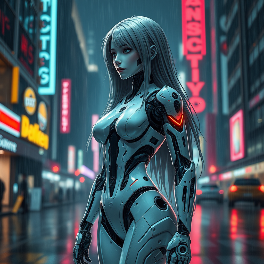 Create a photograph of a cyborg with the following characteristics.  
<Cyborg design>  
Female gender. Standing. 60% flesh, 40% robotic. Long hair on head.  
</Cyborg design>  
<Scene>  
Futuristic. Cityscape. Neon lighting. Night time. Raining.  
</Scene>