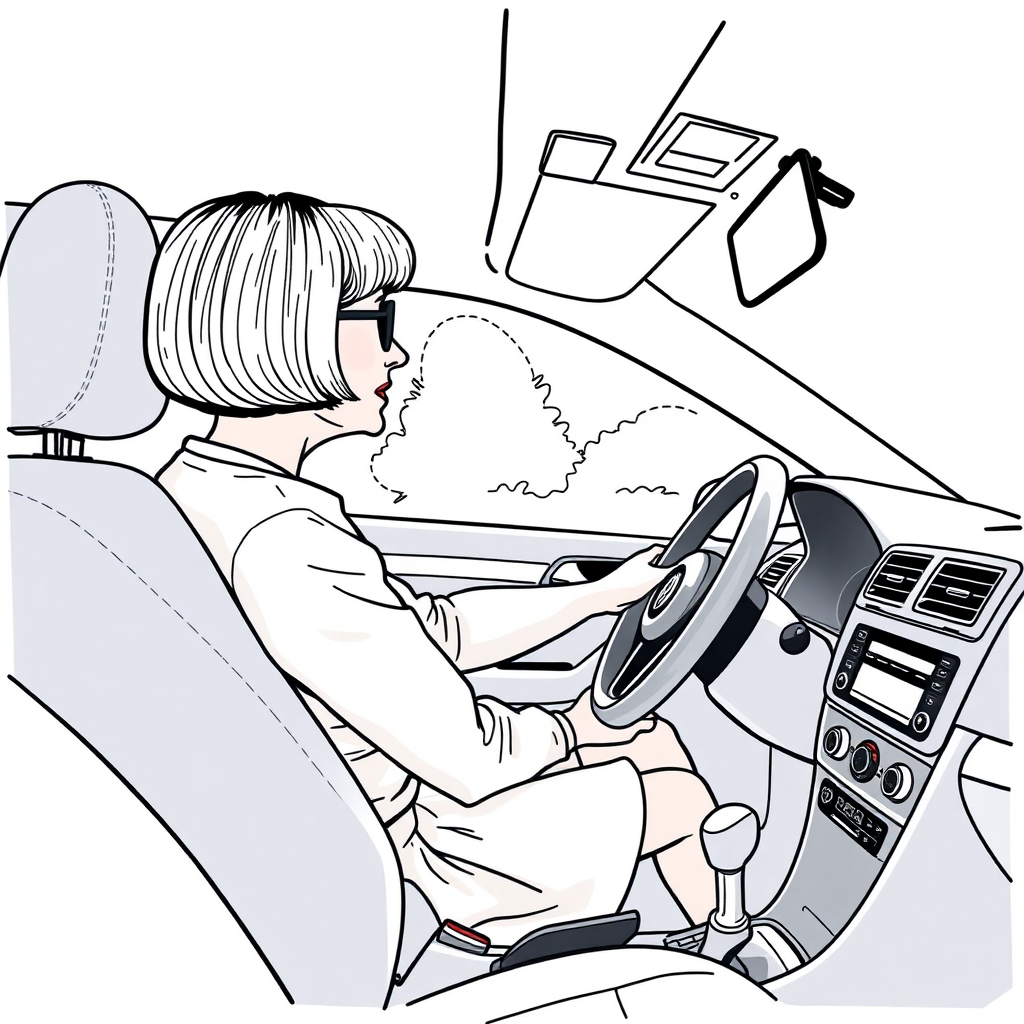 inside view of a VW Polo V, from the front passenger seat point of view, looking at the driver seat from the side, short bowl haircut 50 year old woman driving, skirt, glasses, she is looking at the camera over her shoulder, long establishing shot, 2D, caricature, cartoon, Sketch lines, coloring book, coloring book style on white background, well composed, clean coloring book page, No dither, no gradient, strong outline, No fill, No solids, vector illustration, side view, vector illustration, movement lines, from above