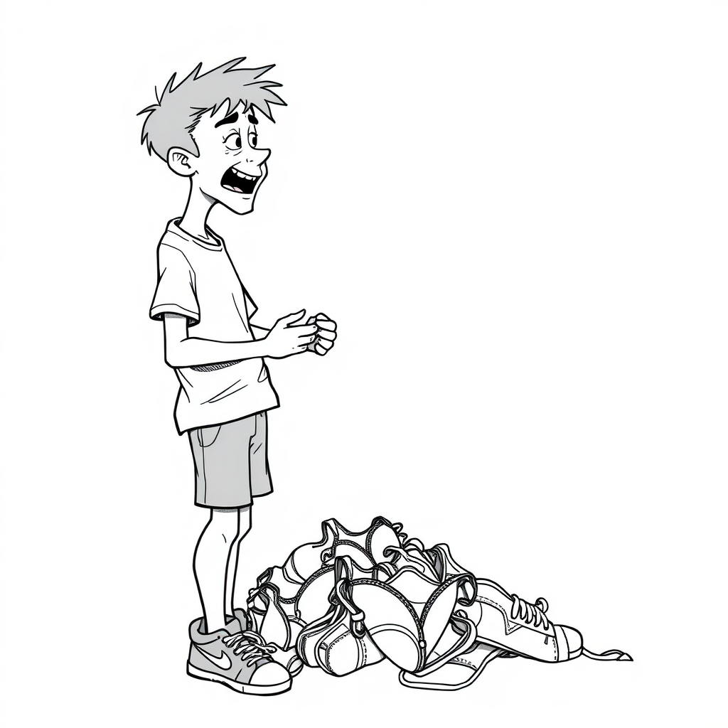 nervous short 20 year old european skinny man, short white t-shirt, standing, stunned, mesmerized, joyful, aroused, heavy drooling, heavy sweating, fumbling through a small heap of woman bras and panties, detailed fabric, side view, sneakers, detailed feet, 2D, caricature, cartoon, Sketch lines, coloring book, coloring book