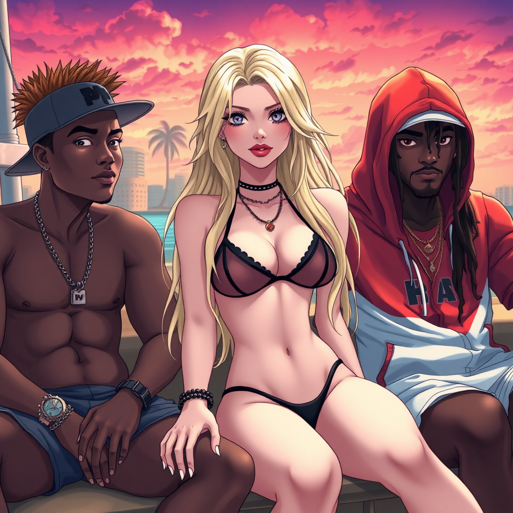 Anime of A 19 year old thug ghetto women, white, long blond hair, wearing nothing but a micro-black bikini and g-string thong under red-white bape hoodie, red-lips, white-nails, down in Miami beach Florida near a city, she is sitting next to a dark-skinned male with dreadlocks right-side, left side sitting next to her is a male-latino with brown-fohawk hair with a sideways cap, there is also a Latina women with a brown-ponytail (Lucia)