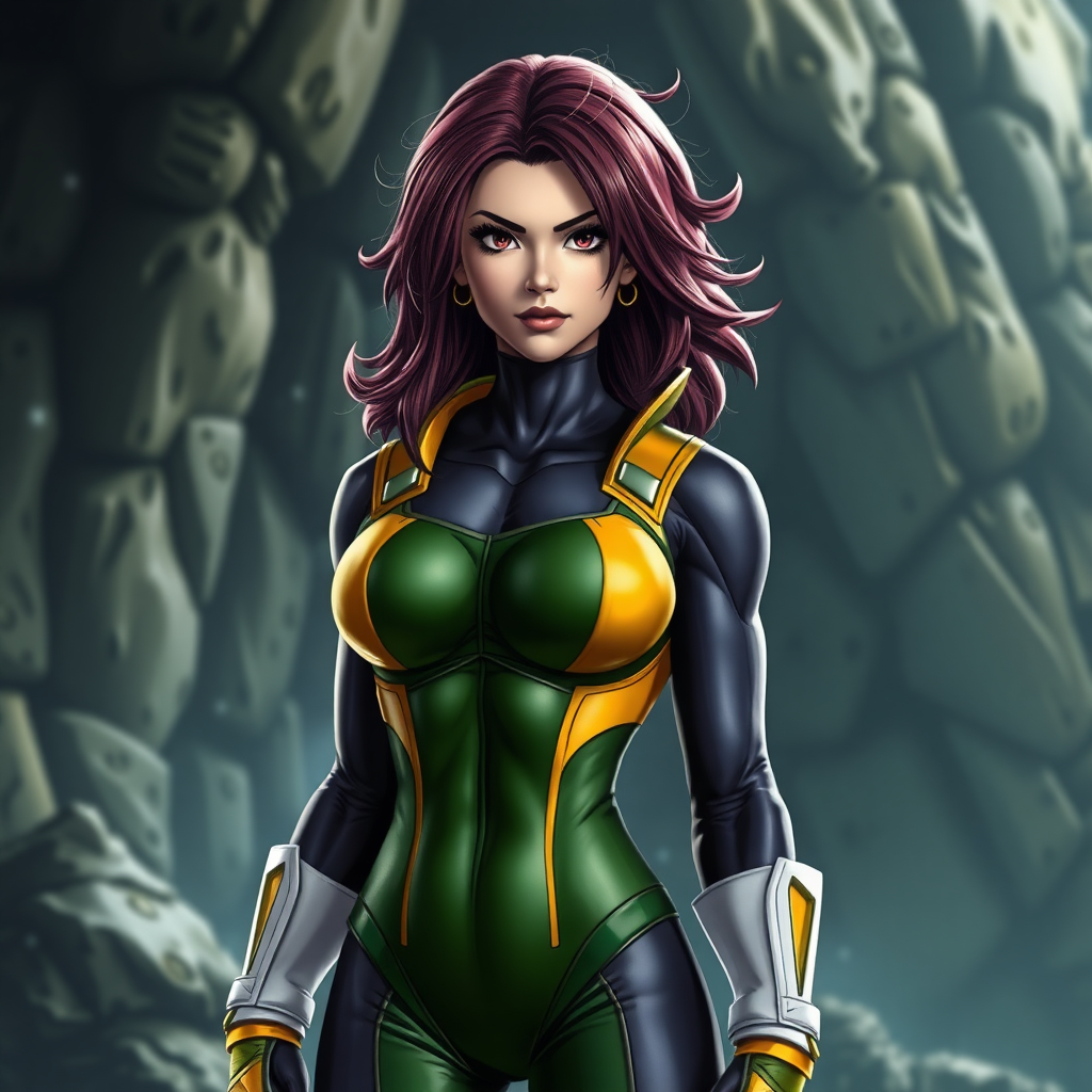 Create a hyper-realistic image featuring Marvel's Rogue with the body type of Vegeta from Dragon Ball. Maintain Rogue's original head, but adjust her anatomy to align with Vegeta's physique. Design a background that is a fitting blend of both Marvel and Dragon Ball universes, reflecting elements from each world for a cohesive and thematic setting.