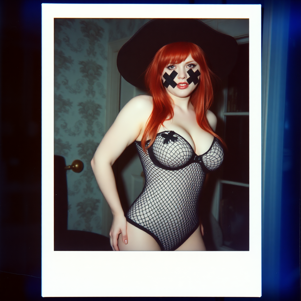 Scan of an old polaroid photo with heavy dark vignetting and a blue color tint to the photograph and visible light leaks. The photo depicts a sexy alt goth girl with pale skin and red hair. She has a plump booty. She has large breasts with ample cleavage and is wearing a black fishnet bodysuit. She is wearing a witch hat. The image looks hazy and grungy. She is in an old house with wallpaper on the walls. Dark lighting with camera flash used. Candid. Black x's of tape covering her nipples.