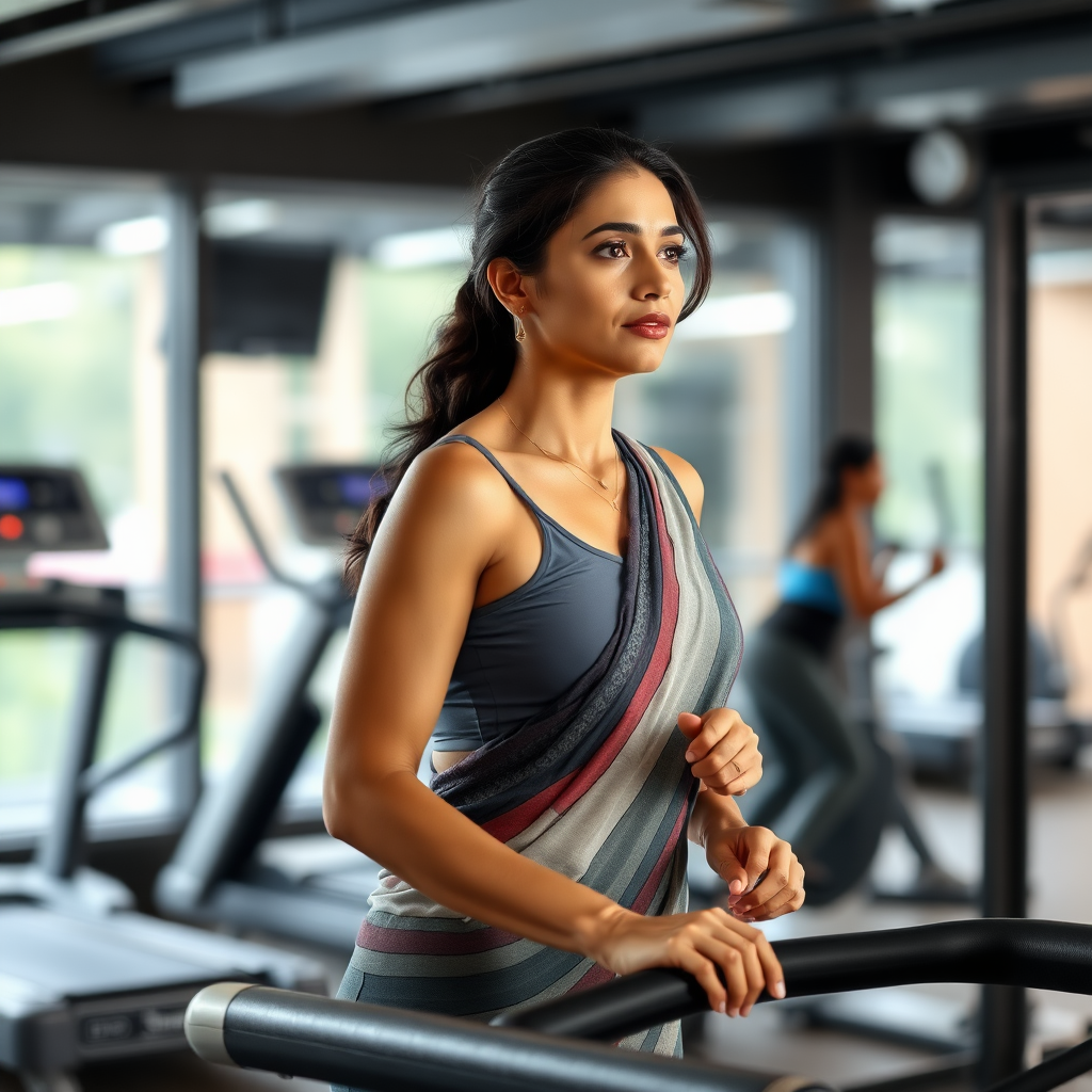 Indian wife, working out on Treadmill in gym