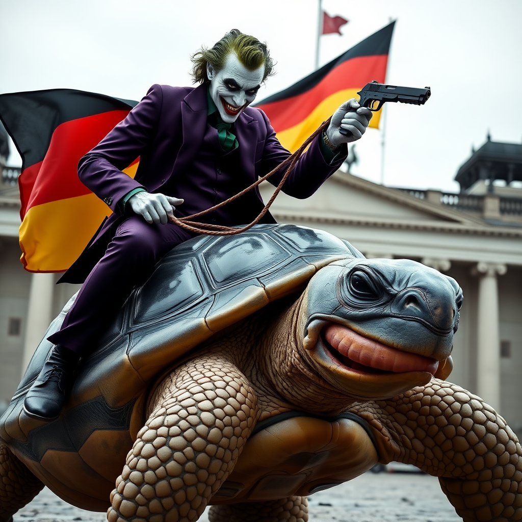 A photorealistic image of the Joker riding on the back of a giant turtle. The Joker is dressed in a dark purple suit and a black shirt. The turtle has reins in its mouth, and a German flag is clenched between its teeth. The top of the turtle's shell is painted in the colors of the German flag—black, red, and yellow—vividly visible. In the Joker’s right hand, he holds the reins, and in his left hand, he grips a pistol. The backdrop features the iconic German Bundestag building, creating a surreal and striking scene.