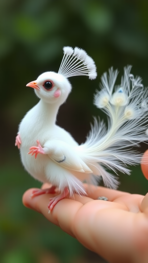 A small tiny cute chubby big eyes big perfect tail real white dancing peacock with tail on hand