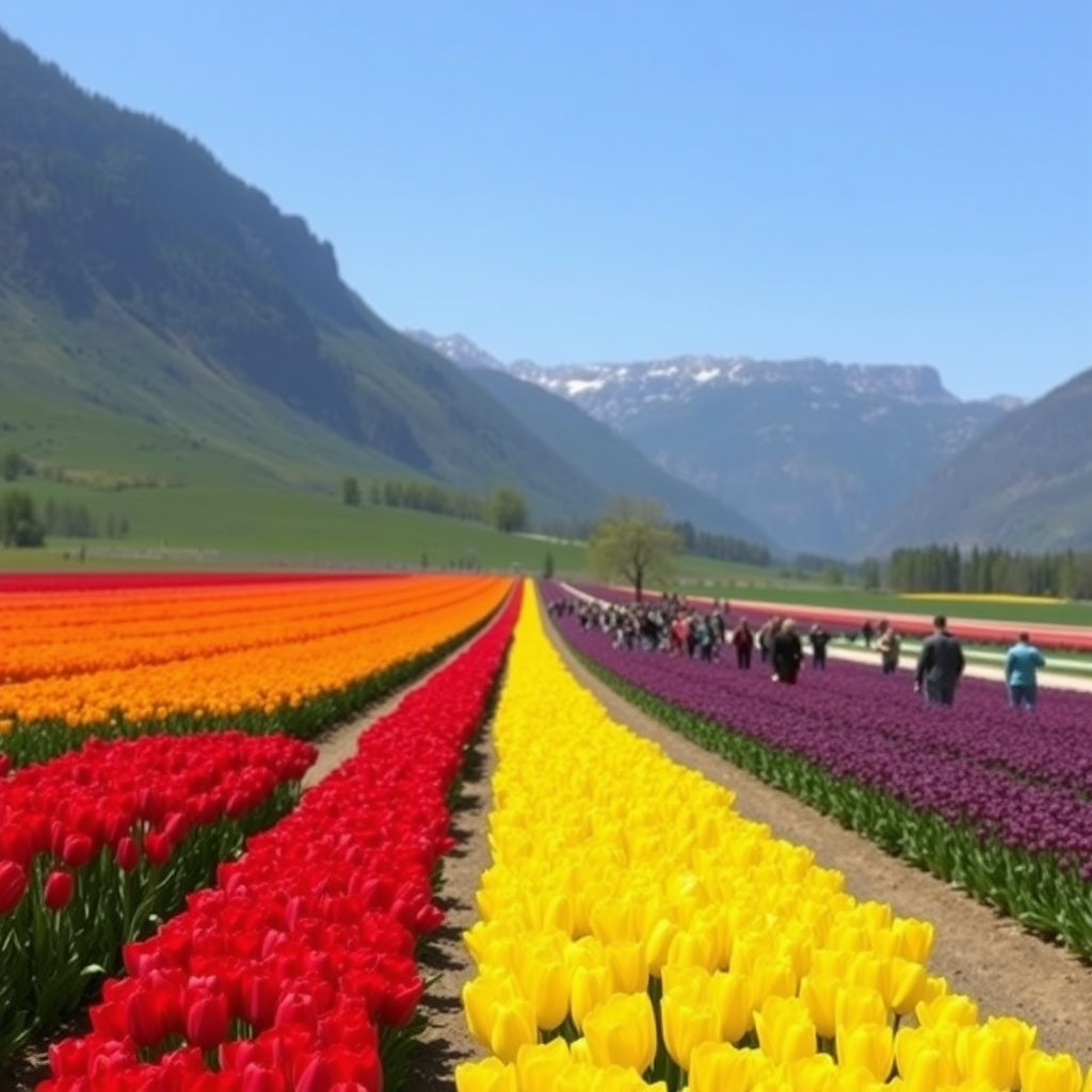 large and long expanses of solid-colored tulips with the mountains in the background and the presence of many people