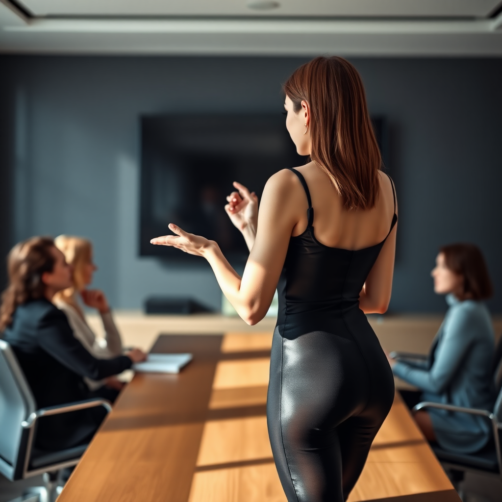 The woman's name is Elbertys, she is very beautiful, 21 years old, fit, Finnish, sharp eagle nose, sexy, A professional photo of a woman wearing sleek black shiny nylon tights, facing away from the camera, standing in front of a wall-mounted LCD TV. She is actively engaged in a business meeting with four other participants visible in the background. The woman is gesturing as she explains something, her gaze directed at the TV screen. The scene captures a modern office environment with sharp lighting, subtle reflections on the nylon tights, and natural shadows from the participants. The focus is on the woman's back, emphasizing her posture and professional attire, while the meeting room details are in soft focus. Hyper-realistic textures on the tights, showing subtle creases and light reflections, as well as smooth, polished skin tones. The overall mood is serious and professional, with an emphasis on realism and clarity..intricate details, best shadow, detailed face and eyes, textured skin, high resolution, best quality, masterpiece, high detail, 8k, very detailed. full hd.