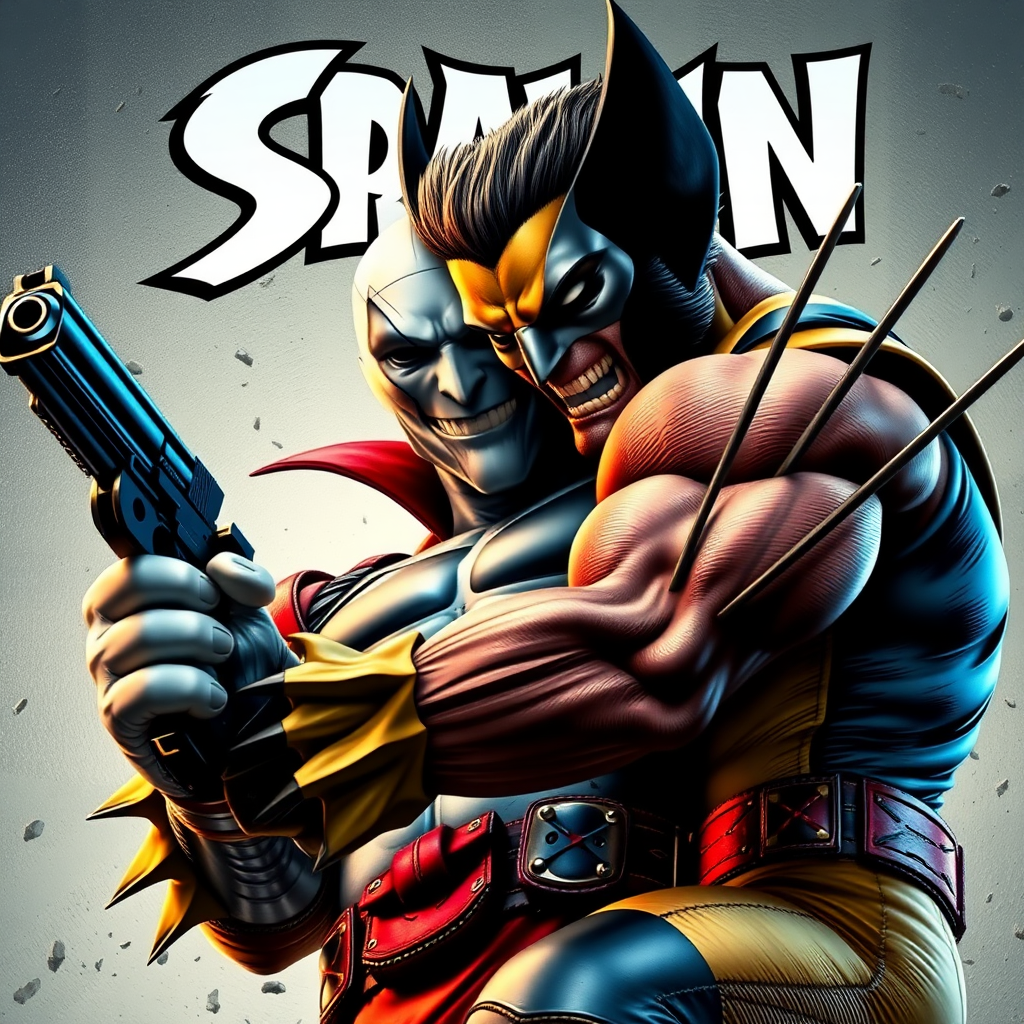 On a comic book cover is Spawn holding a gun Vs Wolverine in Cinematic Real3d photo-realistic quality.