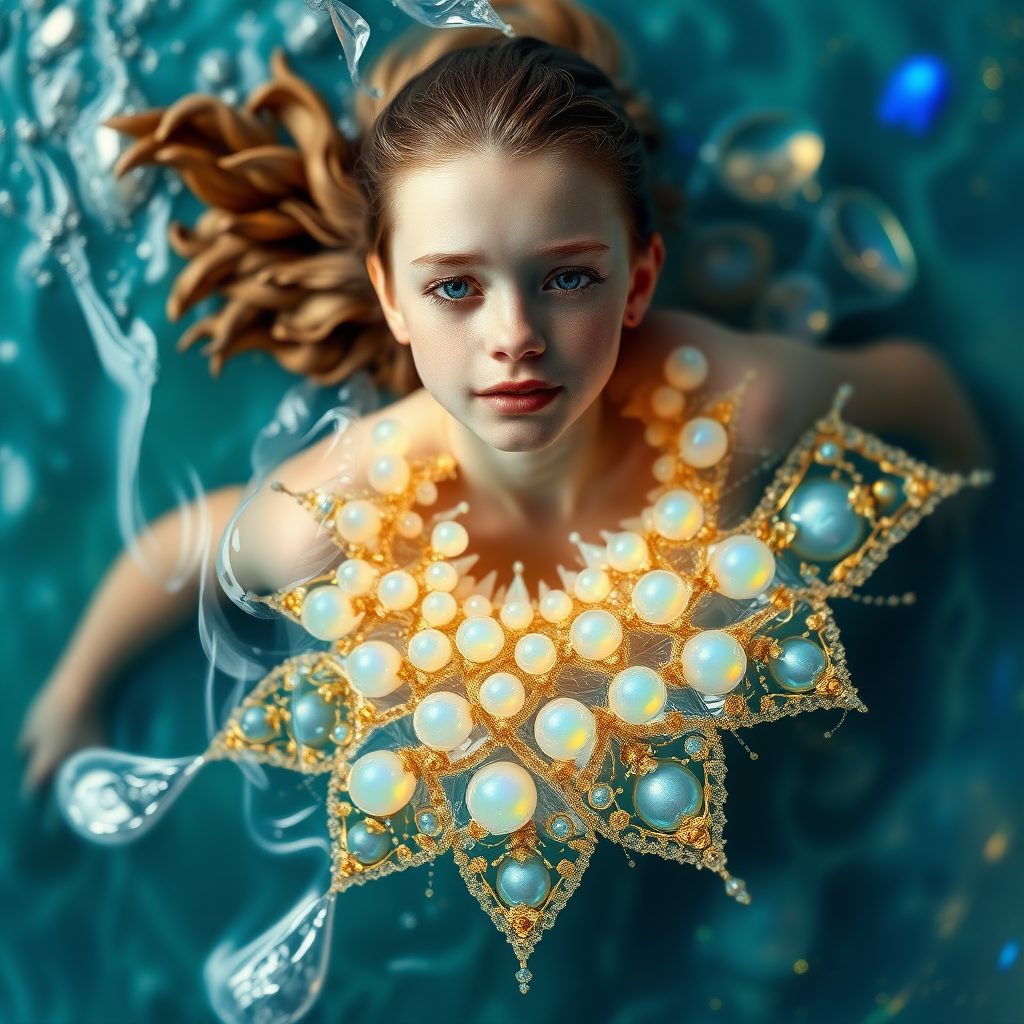 preteen girl swimming, abstract, mandelbulb fractal, sacred geometry, ultra-detailed, dynamic composition, artistic photograph, fractal, brilliant colors, glittering, transparency, translucent, opal, gold, romanticism, sharp focus, floral, mother of pearl, iridescent, jewelry