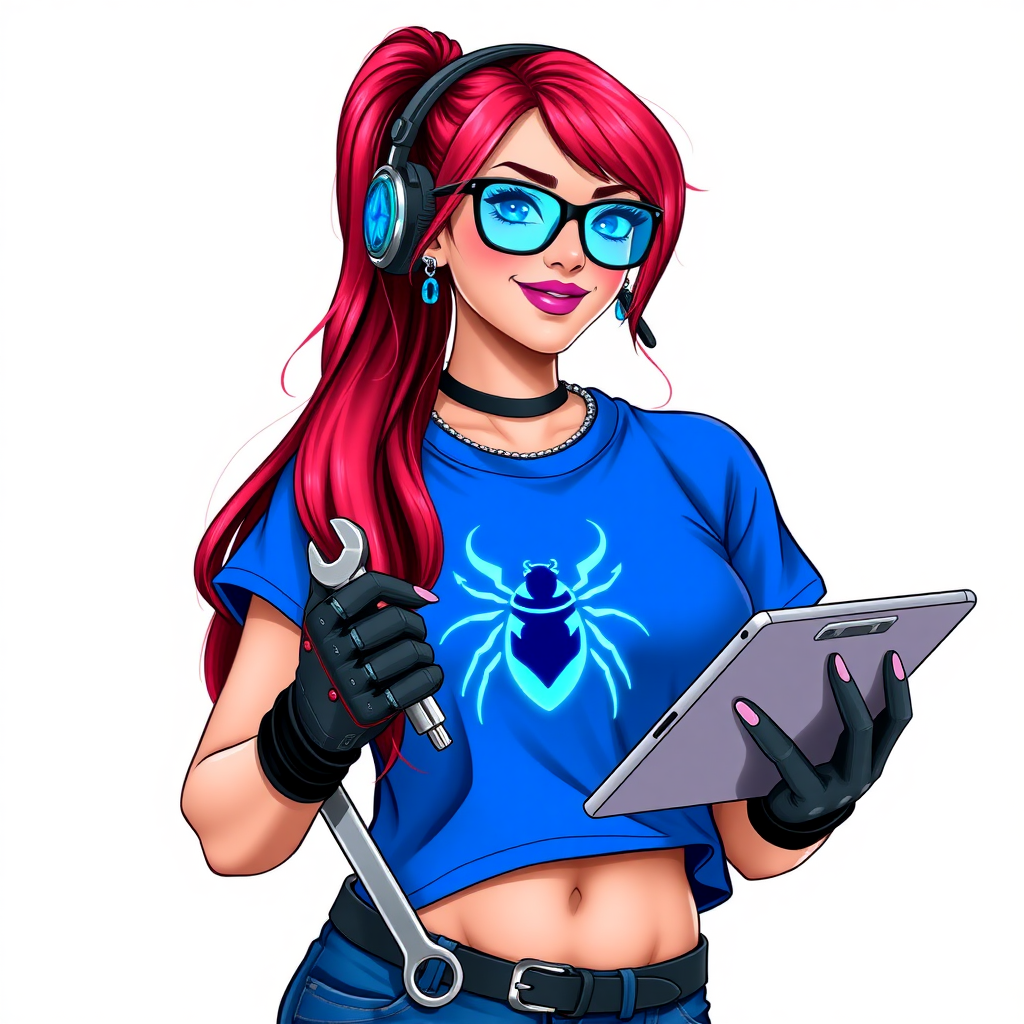 An intelligent and tech-savvy 29-year-old computer hacker and tech genius. She has a long ruby red ponytail. She wears maximum blue lipstick, blue eyes, a sapphire beetle gemstone necklace, sapphire earrings, black eyeglasses, hi-tech power gloves, and an oversized maximum blue t-shirt featuring a neon blue glowing beetle chest icon. She has a gargantuan full-figured physique with a prominent round gargantuan midsection, reflecting her well-cared-for lifestyle. She sports a sapphire headset with a hi-tech maximum turquoise lensed HUD, and a beaming smile accentuated by a passionate neon red blush. She serves as his tech expert from his hideout, holding a futuristic tool wrench and a futuristic digital tablet. The background is solid white. She is drawn as if she was in a retro 2D cyberpunk fighting game.