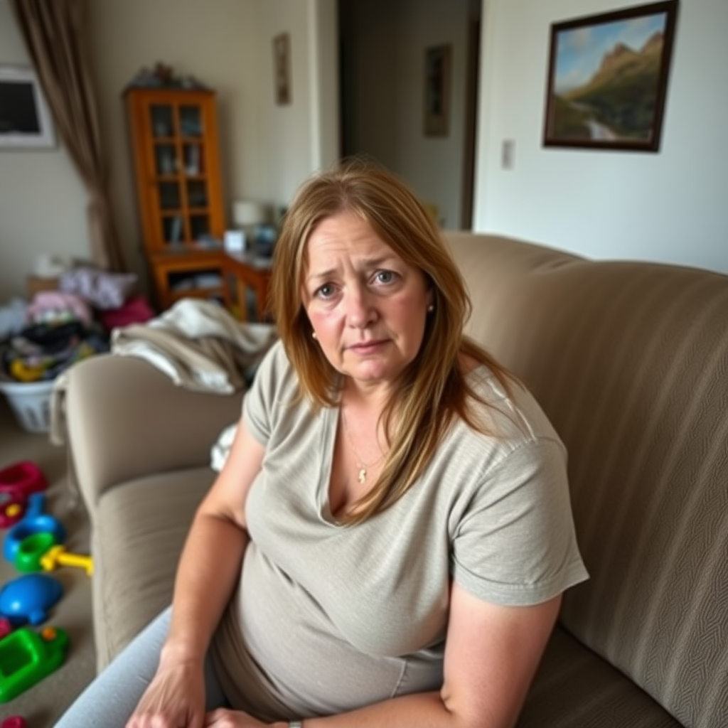 A photograph of a woman sitting on a sofa, in an untidy living room. There are children's toys on the floor. She is looking sad. She has a bruise on her cheek and eye.