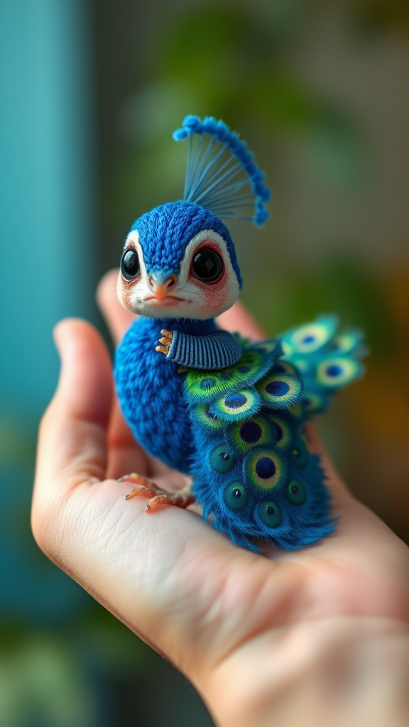 A small tiny cute chubby big eyes big perfect tail real blue dancing peacock on hand