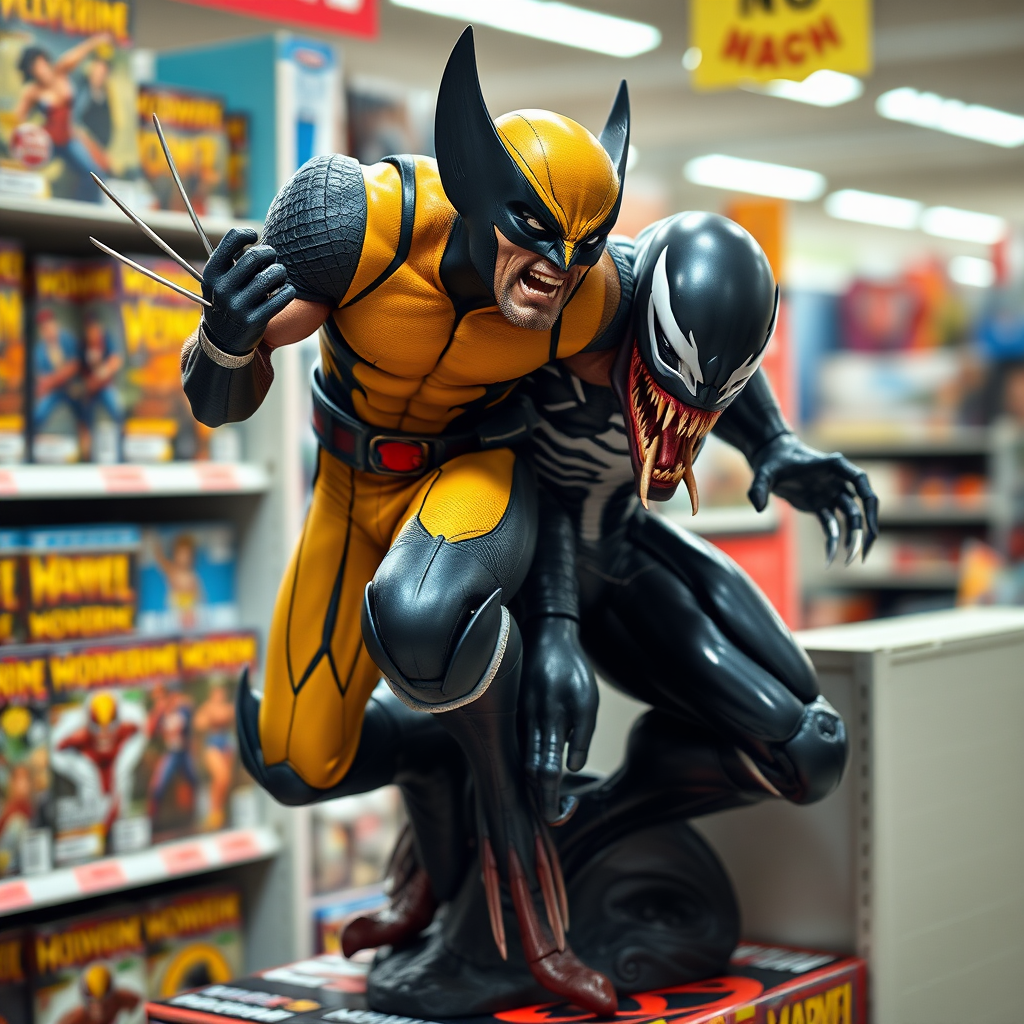 Jumping out of a Comic book cover on a store shelf is Wolverine and Venom with in Cinematic Real3D photo-realistic quality.