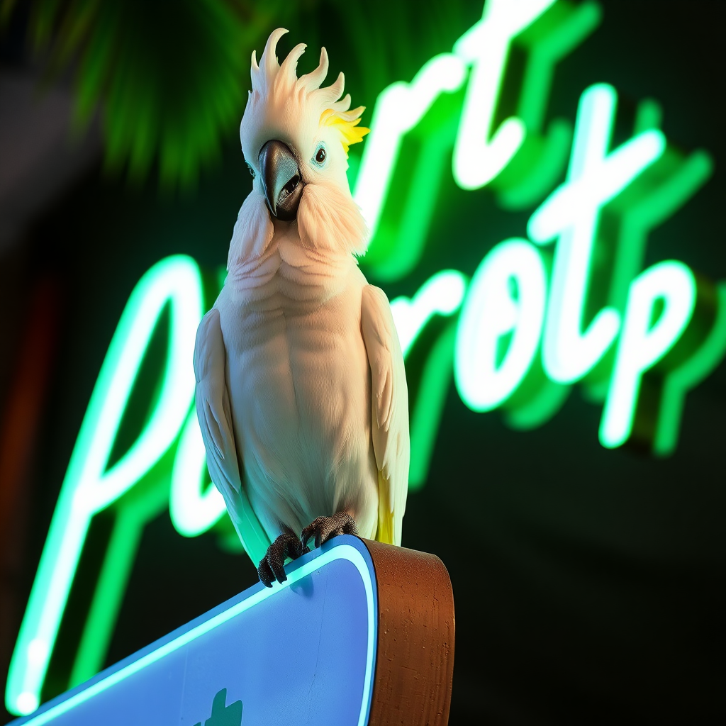 A cockatoo sitting on a sign with glowing green letters that read "Art Parrot top"