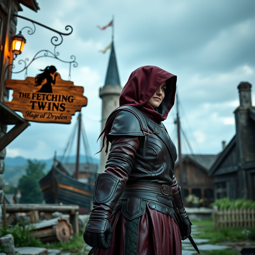 A wide distance shot of a female thief dressed in dark red leather armor and hood in a pastoral fantasy town. Mage tower in the background. She is fleeing from someone. Bar called "The Fetching Twins" wooden sign (consisting of a silhouette of two women leaning together for a kiss). Village of Dryden, dock with a run-down ship.