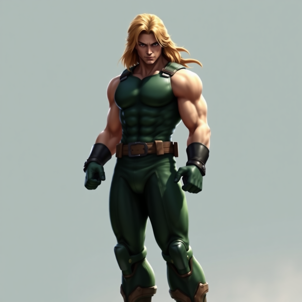 Create a hyper-realistic image of Marvel Comics character Rogue, but with the body type of Ken Masters from Street Fighter, ensuring that Rogue's head remains intact. Adjust the silhouette accordingly to blend both characters' features. Design a background setting that is suitable and visually appropriate for the characteristics and worlds of both Rogue and Ken Masters.