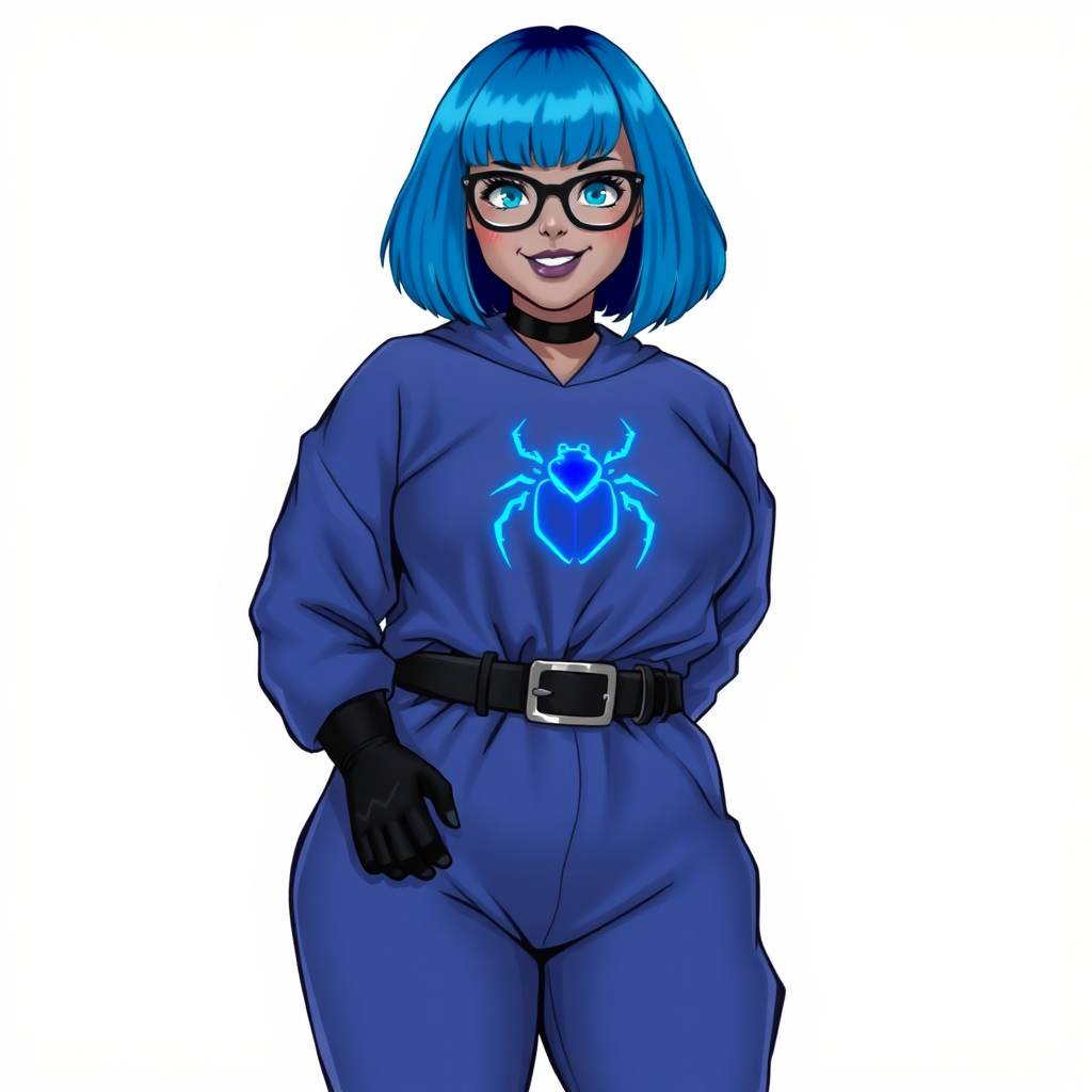 A 28-year-old, full-figured, middle gray metallic-skinned computer program-human hybrid with a maximum blue bob cut. She has a non-athletic build, highlighted by a prominent, round midsection. As a digital sidekick, computer hacker, and nerdy girlfriend to her cyberpunk vigilante boyfriend, her middle gray metallic skin and maximum blue lipstick emphasize her digital nature. She wears an oversized, loose-fitting, maximum blue costume with a neon blue beetle chest icon, a black belt with a sapphire scarab buckle, and black gloves. Her bright blue eyes, black eyeglasses, and lovestruck smile with neon red blush accentuate her nerdiness. She stands bashfully with her hands behind her back, her costume covering all her skin. Her physique is on full display. She is on a solid white background. She is drawn as if she was in a retro 2D cyberpunk fighting game.