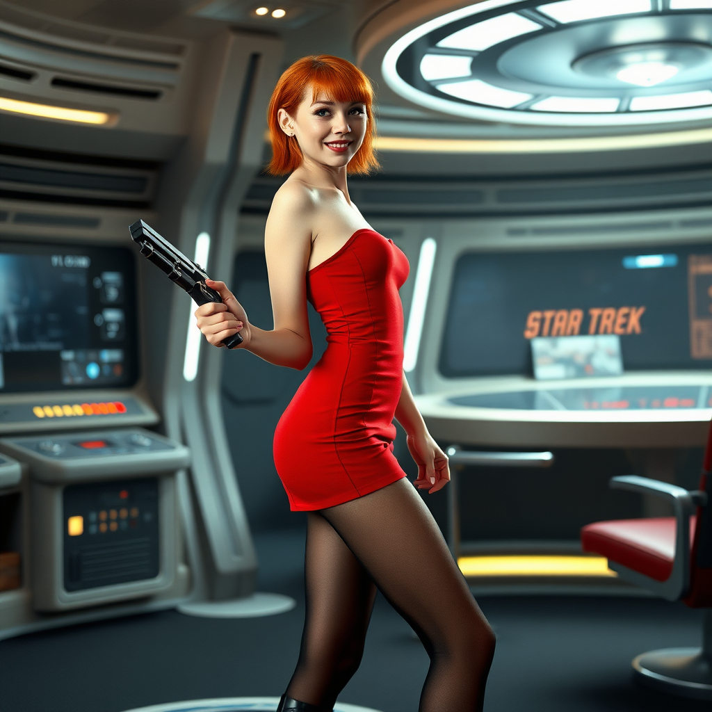 photorealistic, ultra high resolution, 16K, surreal fantasy, bright studio lighting, Tyler Swift is a pretty 24 year old male, slim male physique - no visible breast bulge, red hair, emo makeup, set on the bridge of Enterprise in Star Trek tv series, short red mini-dress, sheer black pantyhose, black stiletto calf-length boots, holding a phaser in his right hand, excited smile, facing the camera.