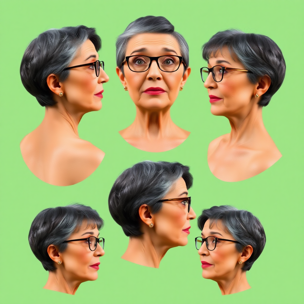 Photorealistic image of six headshots of a 50 Years old, fit, European, Latina, sharp aquiline nose, wrinkles, high cheekbones, Middle Eastern, Skinny, Tanned skin, Dark light skin, full Makeup, jewelry, Sharp nose, exaggerated expression, surprised, overwhelmed, delighted, mouth open, dark grey Ash hair, short bowl haircut, Brown eye color, Glasses, with detailed features. Each photo displays the same face in back, profile and front view, cut out and isolated on a green background. All six heads are visible side by side, empty space around each view, no overlapping.