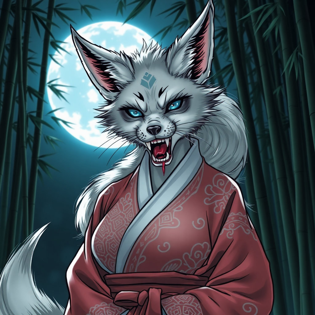 comic style eerie-looking nine-tail-silverfox with blue eyes in a ancient female Korean big breasted hanbok with baring teeth with blood on the fox teeth, in front of the full moon in a bamboo forest