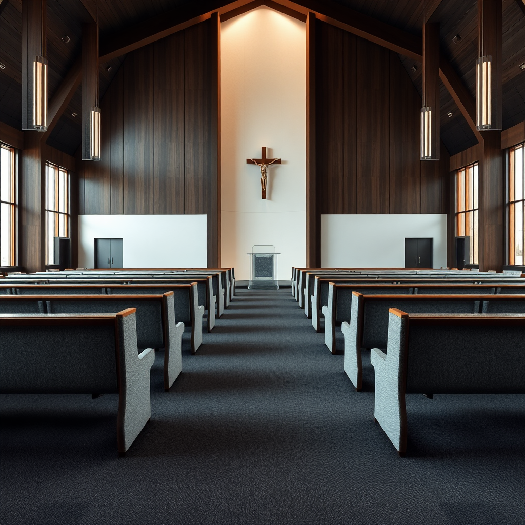 Give me grey fabric benches with a dark wooden frame that are inside a big modern church. The carpet of this church is dark grey. glass pulpit