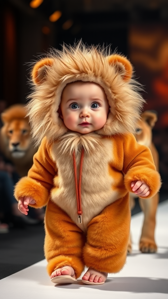 A cute small chubby fair baby with big eyes, pink lips, and pink cheeks wearing a furry cozy lion costume doing a ramp walk in a fashion show, walking with a real lion, holding a lion with one hand in a cinematic way.