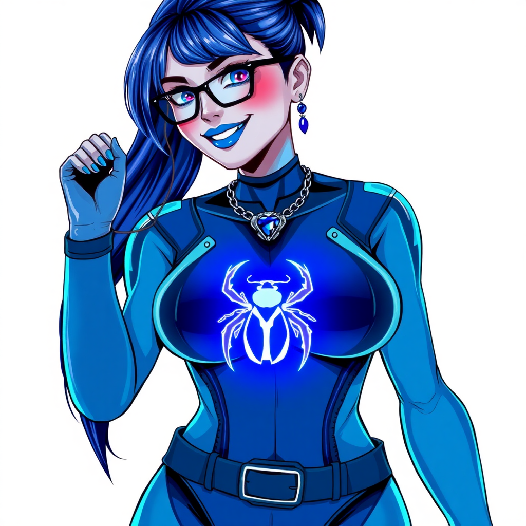 A cyberpunk vigilante’s 28-year-old nerdy full-figure computer program hybrid digital sidekick and loyal girlfriend. She has a long 5PB (Maximum Blue) ponytail and 5PB (Maximum Blue) skin that blends with her outfit appearing to merge together into computer data. She wears maximum blue lipstick, blue eyes, a sapphire beetle gemstone necklace, sapphire earrings, black eyeglasses, and a digital, computerized, 5PB (Maximum Blue) bodysuit featuring a neon blue glowing chest icon of a scarab beetle accentuating her prominent, well-rounded, gargantuan midsection. She sports a beaming smile with a neon red blush. She serves as his minicomputer operating in his hi-tech wristwatch and supercar's onboard computer using her ability to hack into machines and computer to relay vital mission information. The background is solid white. She is drawn as if she was in a retro 2D cyberpunk fighting game. Her midsection is ballooned to fully emphasize her full-figured physique.