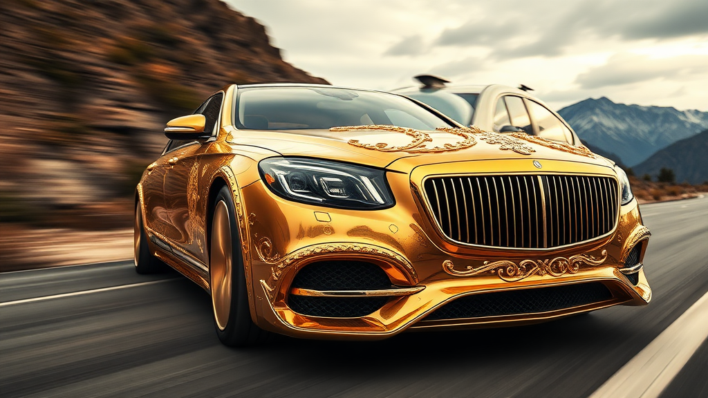 futuristic maybach s680 sedan ,A luxurious, gold-plated car adorned with intricate, ornate designs and carvings. The vehicle features prominent headlights and a distinctive front grille, showcasing a fusion of elegance and extravagance. Set against a backdrop of mountains road motion blur