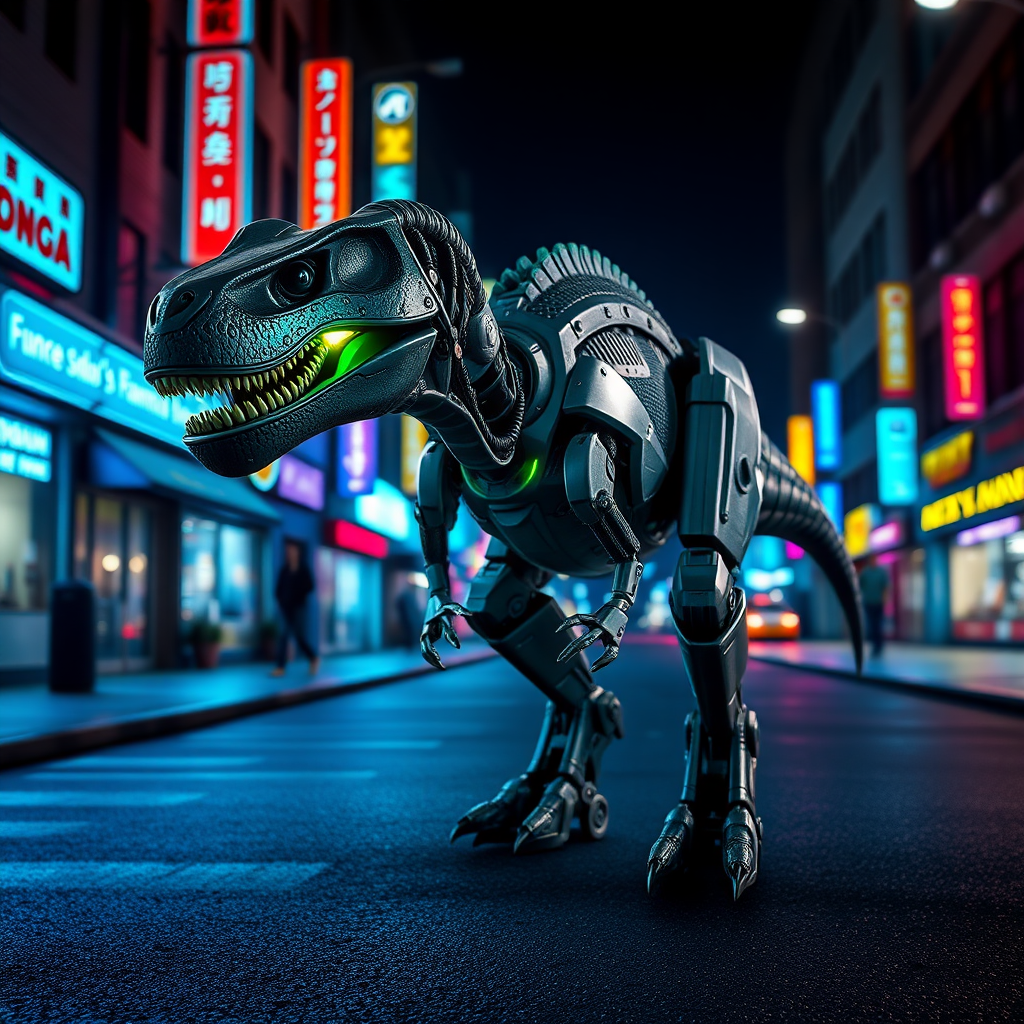 highly detailed photorealistic image of a robotic velociraptor with glowing green eyes standing in a street. It is night and the street is lit with many neon lights of different colours. The street is wet and the buildings in the background fade off into the distance.