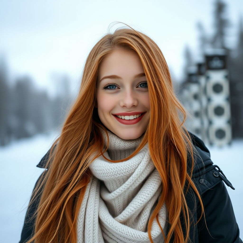 beautiful young woman with lush ginger long hair, full lips, pale skin, on Alaska during winter happy