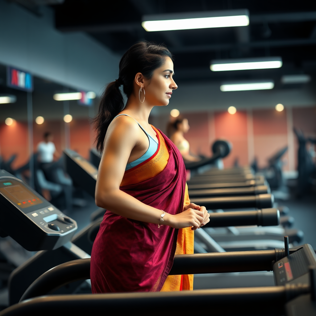 Indian wife, working out on Treadmill in gym