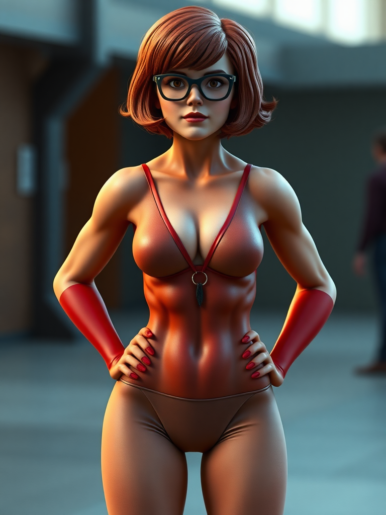 Generate a full-length hyper-realistic render of Velma Dinkley with a masculine build. Depict her with defined muscles and a V-shaped torso, characteristic of a chiseled superhero. Maintain her original head features. Modify the silhouette to reflect these changes. Place the character in an appropriate setting.