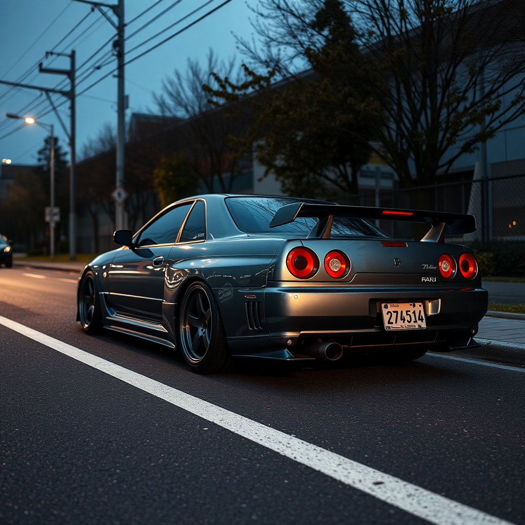 the car is parked on the side of the road, inspired by Taiyō Matsumoto, tumblr, restomod, nd4, c4 metallic shine gray black nissan skyline r34 kalabalik tokyo gece arkaplan