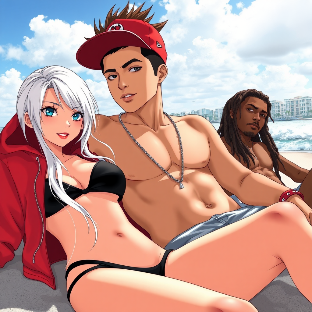 An anime scene unfolds on the sunny shores of Miami Beach, Florida. A striking white-blonde girl with blue eyes and a confident, street-smart vibe lounges on the sand, her black micro-bikini peeking out from under a red Bape hoodie. Her red lips stand out against her sun-kissed skin, and her playful energy shines through. Next to her, a handsome white Latino guy with a sideways cap and brown, dark fohawk hair leans back casually, giving off a laid-back, cool vibe. On the other side, a black guy with long dreadlocks completes the trio, all of them sharing a relaxed moment under the Miami sun, waves crashing in the background.