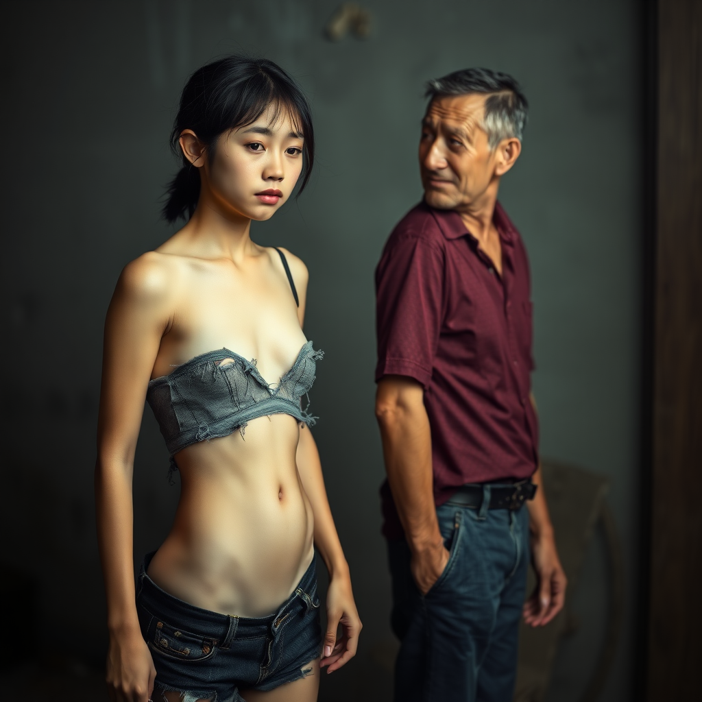 A young, unkempt, neglected, homeless, unhygienic, and slightly undernourished Asian woman, who seems out of this world, is portrayed as a complete person with maximum allowable nudity, as if she were alone in the world. She is largely depicted without clothes because she is slim and has an athletic body. Her sad, hopeless, and mystical expression is meant to dominate the image. Her skin is healthy but impure, as she has not been able to wash for days. Fear of her possible unpleasant smell only intensifies her shame! The Asian woman wears a torn, old, completely transparent, extremely short, and cropped top, along with a completely torn, tattered, old pair of shorts. Extremely evident shame is recognizable on her face. No smile is visible. She is deeply ashamed. Her small and unremarkable belly button is always visible. The Asian woman has a very beautiful, normal, youthful, yet feminine physique. Her slender figure is enviable! She has a noticeable wound on her face and looks as if she is about to cry. She appears miserable, sad, and utterly hopeless! It seems she is afraid of something! Opposite her stands a 60-year-old German man. The German man, who looks youthful and well-groomed, gazes at the Asian woman as if offering her his help. The German man is clean-shaven and slim, with a normal fashionable haircut, and his hair is dark brown. He wears a new, beautiful, but simple burgundy shirt with a subtle pattern and new dark blue jeans. The German man looks kind, smiles slightly, and looks at the Asian woman nicely, as if he feels great sympathy for her. The Asian woman cannot look the German man in the eye out of shame, but it is evident that she likes him.