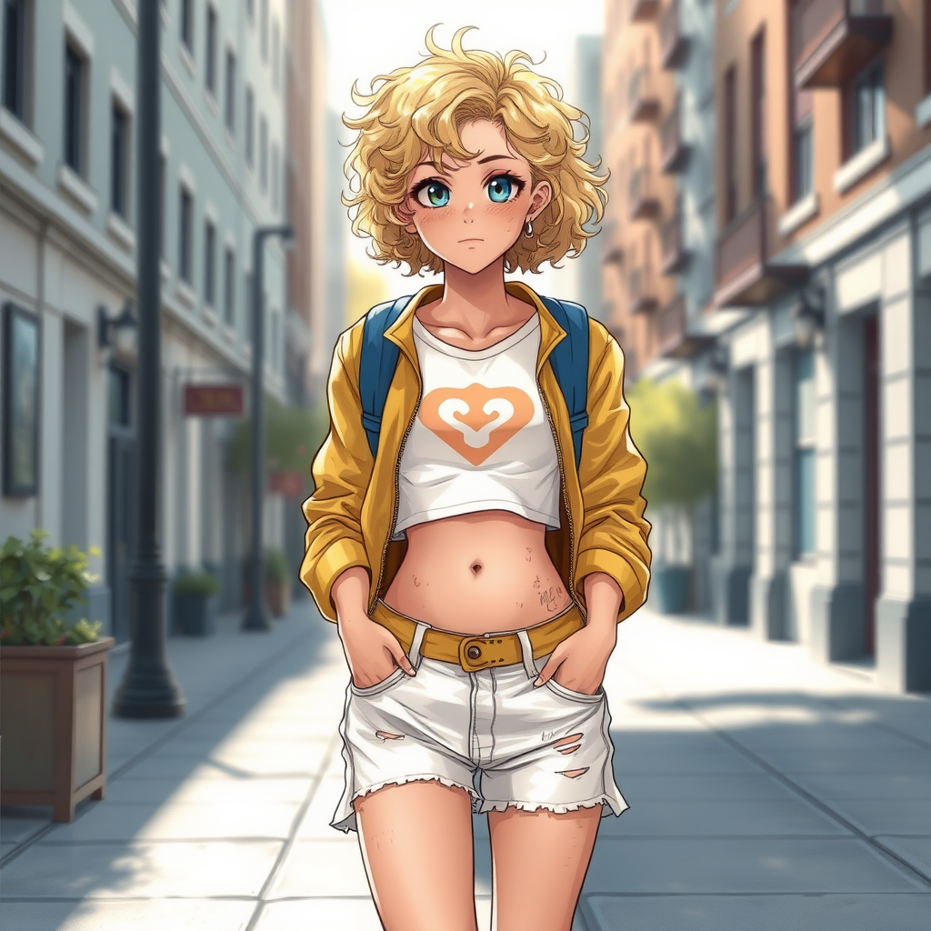 Realistic drawing style image, Extremely good quality 8k resolution drawn manga image of a 15 year old petite and short tomboy girl with golden blonde curly hair with mixed and different colored eyes for each eye and moles on her entire body and is a white American girl, Has on a Gold Jacket over a white extremely short crop top only covering her breasts and nothing more with a design on it, and has on ripped shorts and cool looking sneakers and a deep and big knife cut wound on her stomach from a huge injury she had, with a bright color backpack, ear piercings on, walking on the street to school in the morning with the beautiful sunlight lighting up her body beautifully with no tattoos.