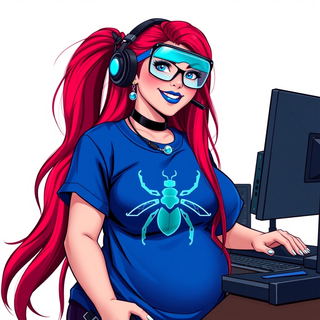 A cyberpunk vigilante’s full-figured intelligent and tech-savvy 29-year-old girlfriend, who is a computer hacker and tech genius. She has a long ruby red ponytail and bright blue eyes. She wears maximum blue lipstick, a sapphire beetle gemstone necklace, sapphire earrings, and an oversized maximum blue t-shirt featuring a neon blue glowing icon of a beetle on its chest. She has a full-figured physique with a prominent, gargantuan, round midsection, reflecting her well-cared-for lifestyle. She sports a sapphire headset with hi-tech maximum turquoise lensed HUD eyeglasses, and a beaming smile with a passionate bright red blush. Despite her figure and a lack of self-esteem, she radiates beauty. She has a slim face which contributes to her radiant beauty. She serves as his tech expert from his hideout, diligently working at her lab table and computer desk. The background is solid white. She is drawn as if she was in a retro 2D cyberpunk fighting game.